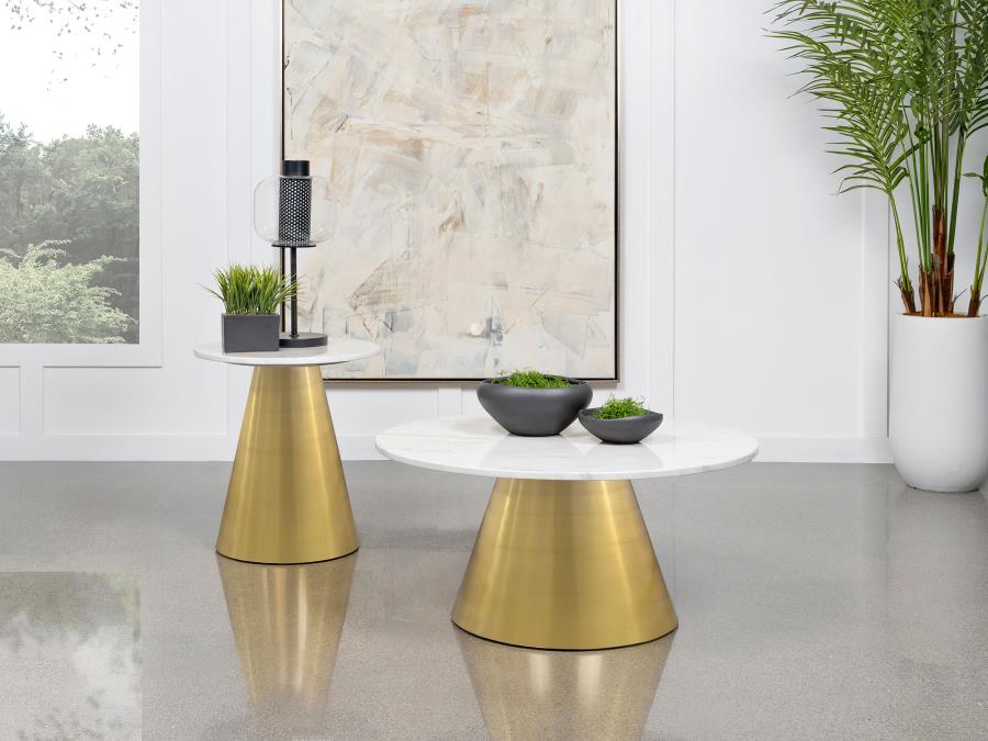 Avon Round Marble Top Stainless Steel Side End Table White 707827