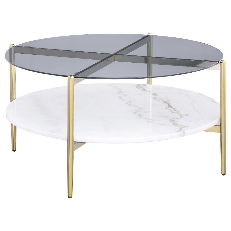 Jonelle Round Glass Top Coffee Table White Marble Shelf Gold 710338