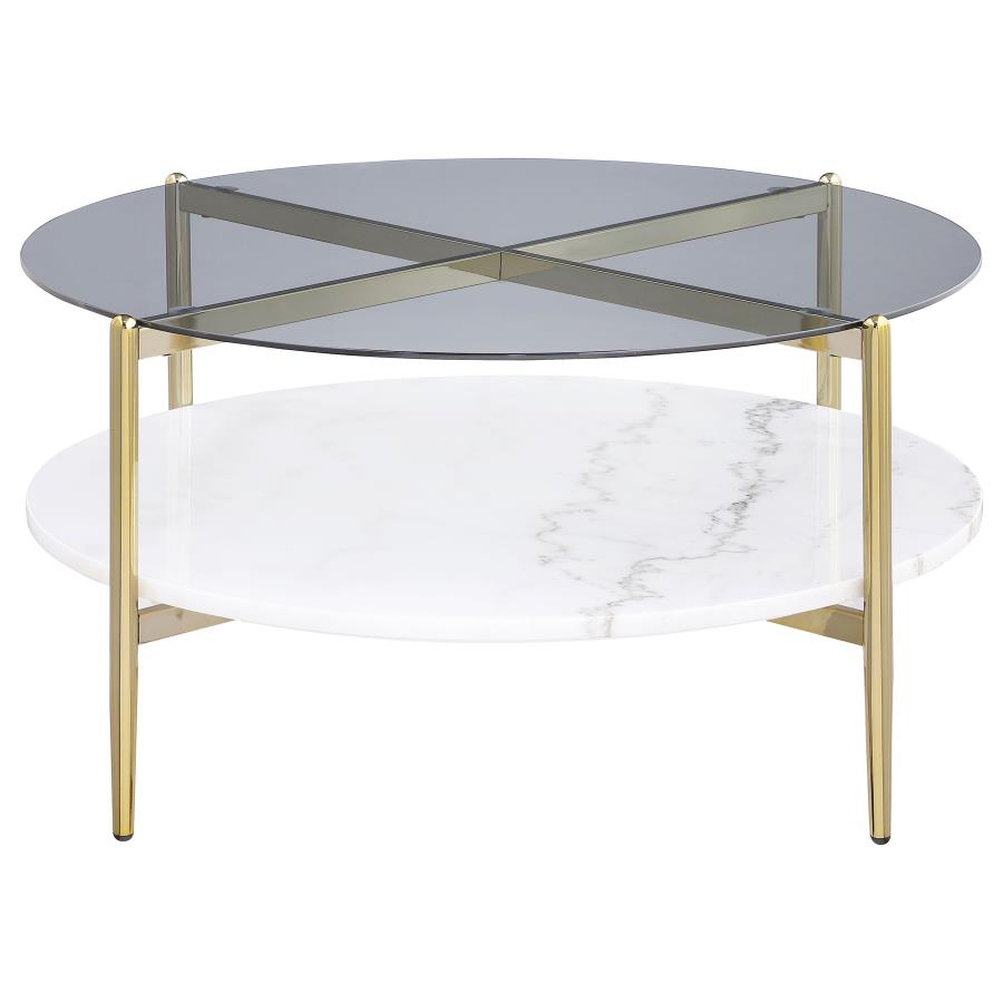 Jonelle Round Glass Top Coffee Table White Marble Shelf Gold 710338