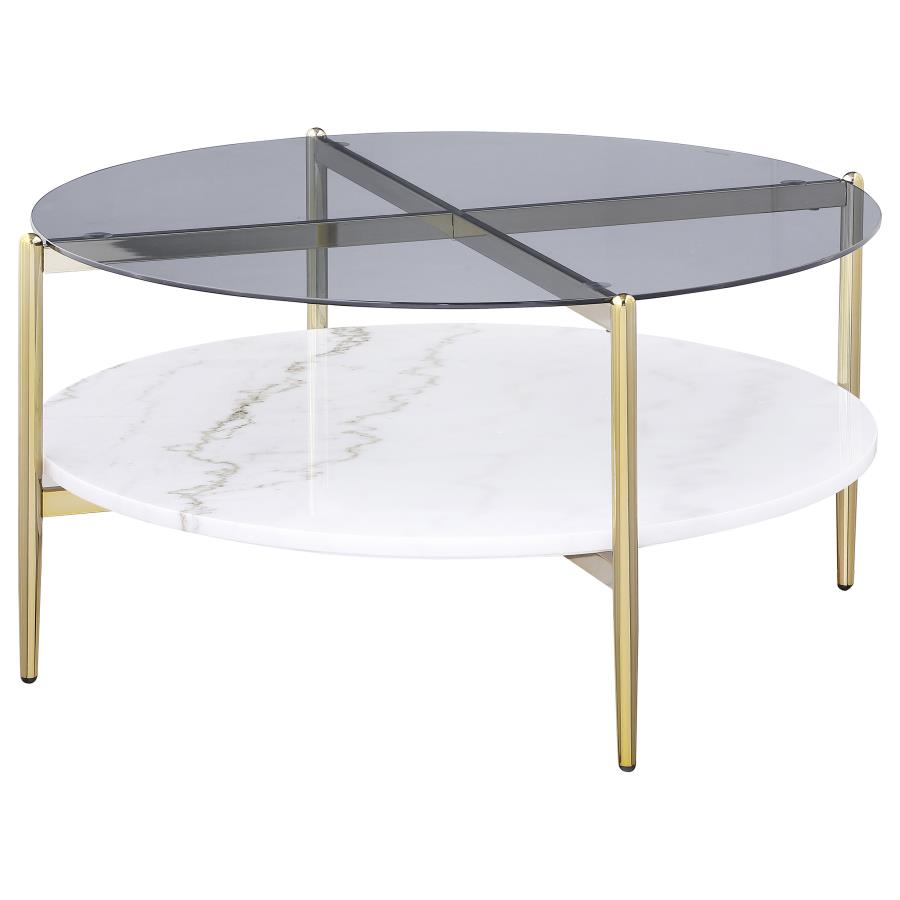 Jonelle Round Glass Top Coffee Table White Marble Shelf Gold 710338