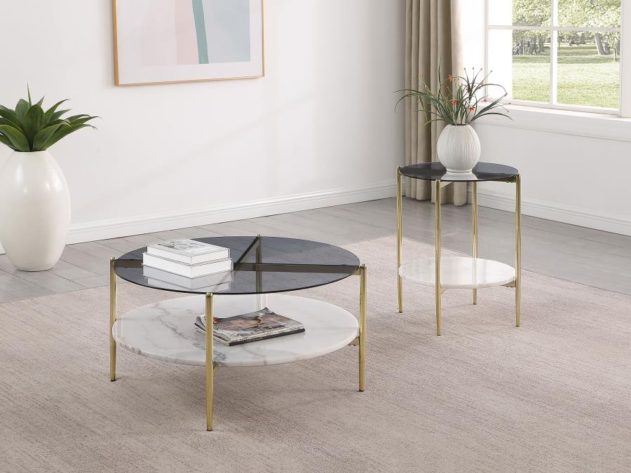 Jonelle Round Glass Top Coffee Table White Marble Shelf Gold 710338