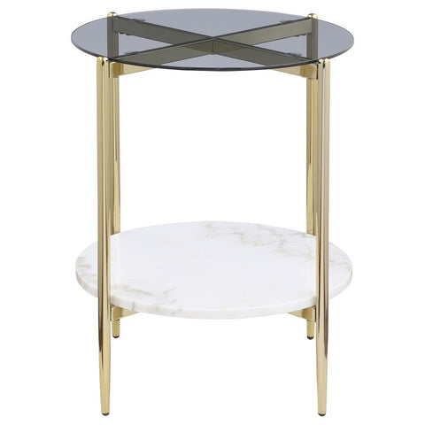 Jonelle Round Glass Top End Table White Marble Shelf Gold 710337