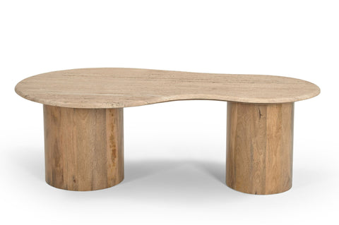 Sanfordv - Modern Travertine Marble + Wood Freeform Coffee Table