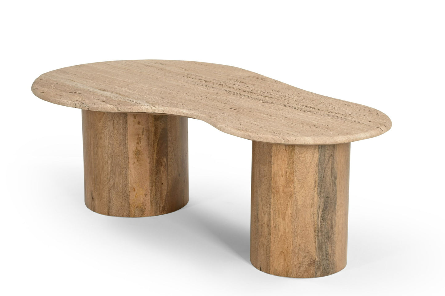 Sanfordv - Modern Travertine Marble + Wood Freeform Coffee Table